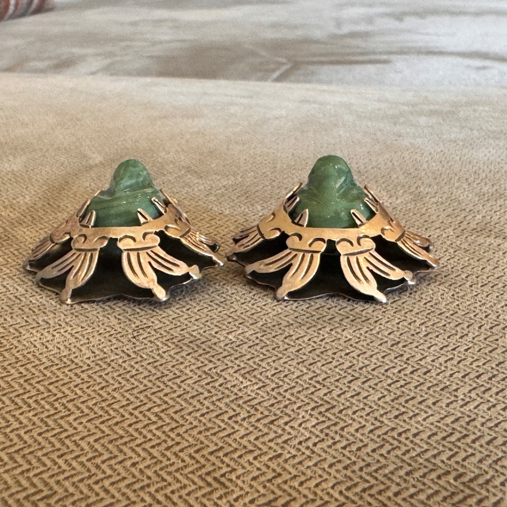 Vintage Sterling Silver Taxco Mexico Carved Mask Face Green Onyx Earrings TV-21 - Picture 5 of 7